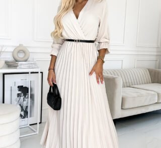 462-1 SERENA Pleated maxi dress with a neckline, belt and 3/4 sleeves - beige-1