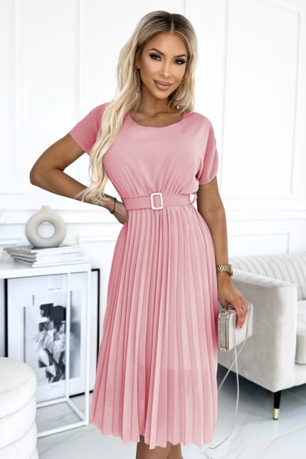 465-3 MIA Pleated midi dress with a wide belt - dirty pink-1