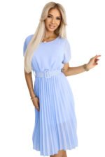 465-4 MIA Pleated Chiffon Midi Dress with Wide Belt - Light Blue-6