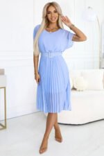 465-4 MIA Pleated Chiffon Midi Dress with Wide Belt - Light Blue-2