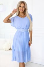 465-4 MIA Pleated Chiffon Midi Dress with Wide Belt - Light Blue-4