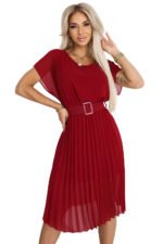 465-5 MIA Pleated Chiffon Midi Dress with Wide Belt - Burgundy-6