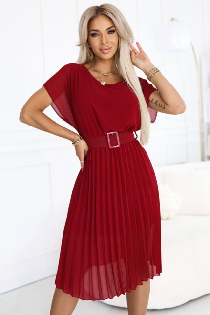 465-5 MIA Pleated Chiffon Midi Dress with Wide Belt - Burgundy-1