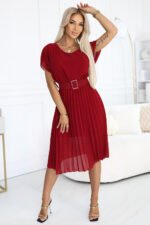 465-5 MIA Pleated Chiffon Midi Dress with Wide Belt - Burgundy-2