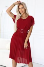 465-5 MIA Pleated Chiffon Midi Dress with Wide Belt - Burgundy-4