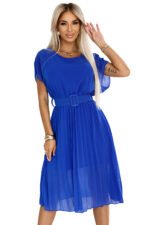 465-6 MIA Pleated Chiffon Midi Dress with Wide Belt - Cornflower Blue-8
