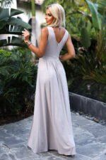 467-2 LOUISE long dress with a neckline and leg slit - beige with glitter-3