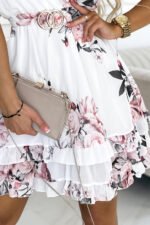 468-1 PATRIZIA dress with an envelope neckline, belt and short sleeves - white with roses-5