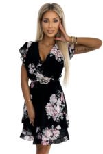 468-2 PATRIZIA dress with an envelope neckline, belt and short sleeves - black with roses-7