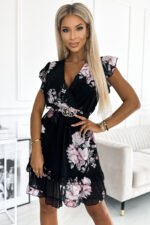468-2 PATRIZIA dress with an envelope neckline, belt and short sleeves - black with roses-2