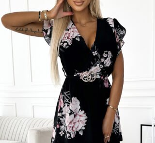468-2 PATRIZIA dress with an envelope neckline, belt and short sleeves - black with roses-1