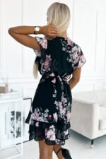 468-2 PATRIZIA dress with an envelope neckline, belt and short sleeves - black with roses-3