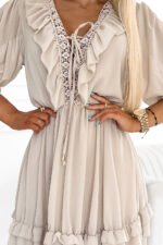 475-1 BOHO Feminine chiffon dress with a tie on the neckline - beige-5