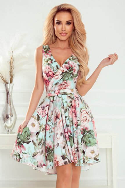 478-1 MAYA Dress with longer back, neckline and belt - pink flowers-1