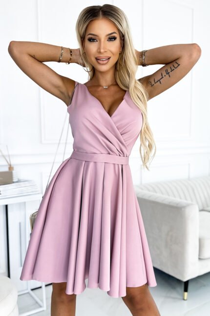 478-2 MAYA Dress with longer back, neckline and belt - dirty pink-1