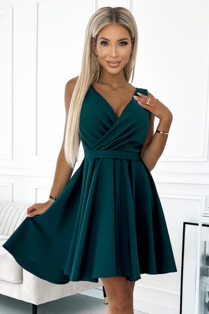478-3 MAYA Dress with longer back, neckline and belt - green-1