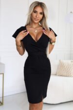 479-9 NINA elegant dress with envelope neckline, sleeve and belt - black-2
