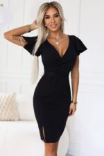 479-9 NINA elegant dress with envelope neckline, sleeve and belt - black-5