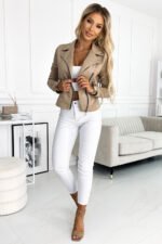 481-1 Long-sleeved suede jacket with zippers - beige-4