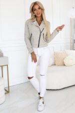 481-4 Suede biker jacket with long sleeves and zippers - light beige-2
