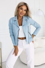 481-7 Suede MOTO JACKET with long sleeve and zippers - turquoise blue-3