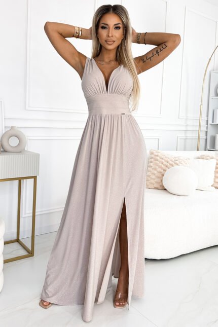 490-2 SUSAN Long brocade dress with a neckline and stitching at the waist - beige-1
