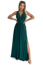 490-3 SUSAN Long brocade dress with a neckline and stitching at the waist - green-7