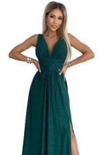 490-3 SUSAN Long brocade dress with a neckline and stitching at the waist - green-8