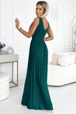 490-3 SUSAN Long brocade dress with a neckline and stitching at the waist - green-3