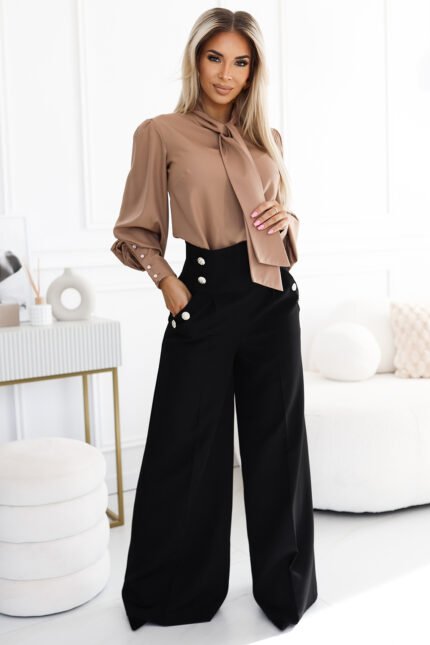 496-2 Elegant wide pants with high waist and golden buttons - black-1