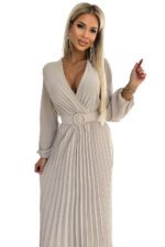504-2 VIVIANA Pleated midi dress with a neckline, long sleeves and a wide belt - beige colour-8