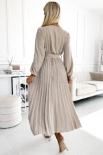 504-2 VIVIANA Pleated midi dress with a neckline, long sleeves and a wide belt - beige colour-3