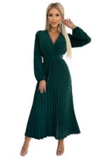 504-3 VIVIANA Pleated midi dress with a neckline, long sleeves and a wide belt - green-7