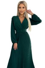 504-3 VIVIANA Pleated midi dress with a neckline, long sleeves and a wide belt - green-8