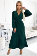 504-3 VIVIANA Pleated midi dress with a neckline, long sleeves and a wide belt - green-1