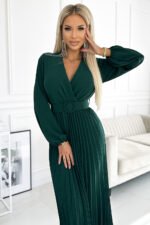 504-3 VIVIANA Pleated midi dress with a neckline, long sleeves and a wide belt - green-2