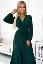 504-3 VIVIANA Pleated midi dress with a neckline, long sleeves and a wide belt - green-4