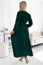 504-3 VIVIANA Pleated midi dress with a neckline, long sleeves and a wide belt - green-3