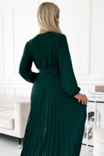 504-3 VIVIANA Pleated midi dress with a neckline, long sleeves and a wide belt - green-5