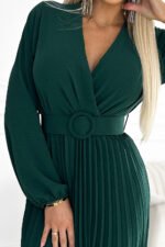 504-3 VIVIANA Pleated midi dress with a neckline, long sleeves and a wide belt - green-6