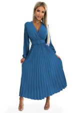 504-5 VIVIANA Pleated midi dress with a neckline, long sleeves and a wide belt - JEANS-7