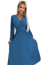 504-5 VIVIANA Pleated midi dress with a neckline, long sleeves and a wide belt - JEANS-8