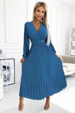 504-5 VIVIANA Pleated midi dress with a neckline, long sleeves and a wide belt - JEANS-1