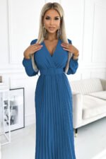 504-5 VIVIANA Pleated midi dress with a neckline, long sleeves and a wide belt - JEANS-2