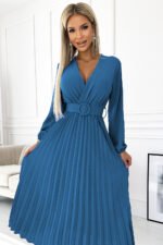 504-5 VIVIANA Pleated midi dress with a neckline, long sleeves and a wide belt - JEANS-4