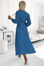 504-5 VIVIANA Pleated midi dress with a neckline, long sleeves and a wide belt - JEANS-3