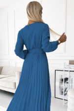 504-5 VIVIANA Pleated midi dress with a neckline, long sleeves and a wide belt - JEANS-5