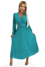 504-6 VIVIANA Pleated midi dress with a neckline, long sleeves and a wide belt - sea ​​color-7