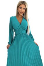 504-6 VIVIANA Pleated midi dress with a neckline, long sleeves and a wide belt - sea ​​color-8