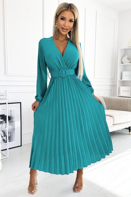 504-6 VIVIANA Pleated midi dress with a neckline, long sleeves and a wide belt - sea ​​color-1